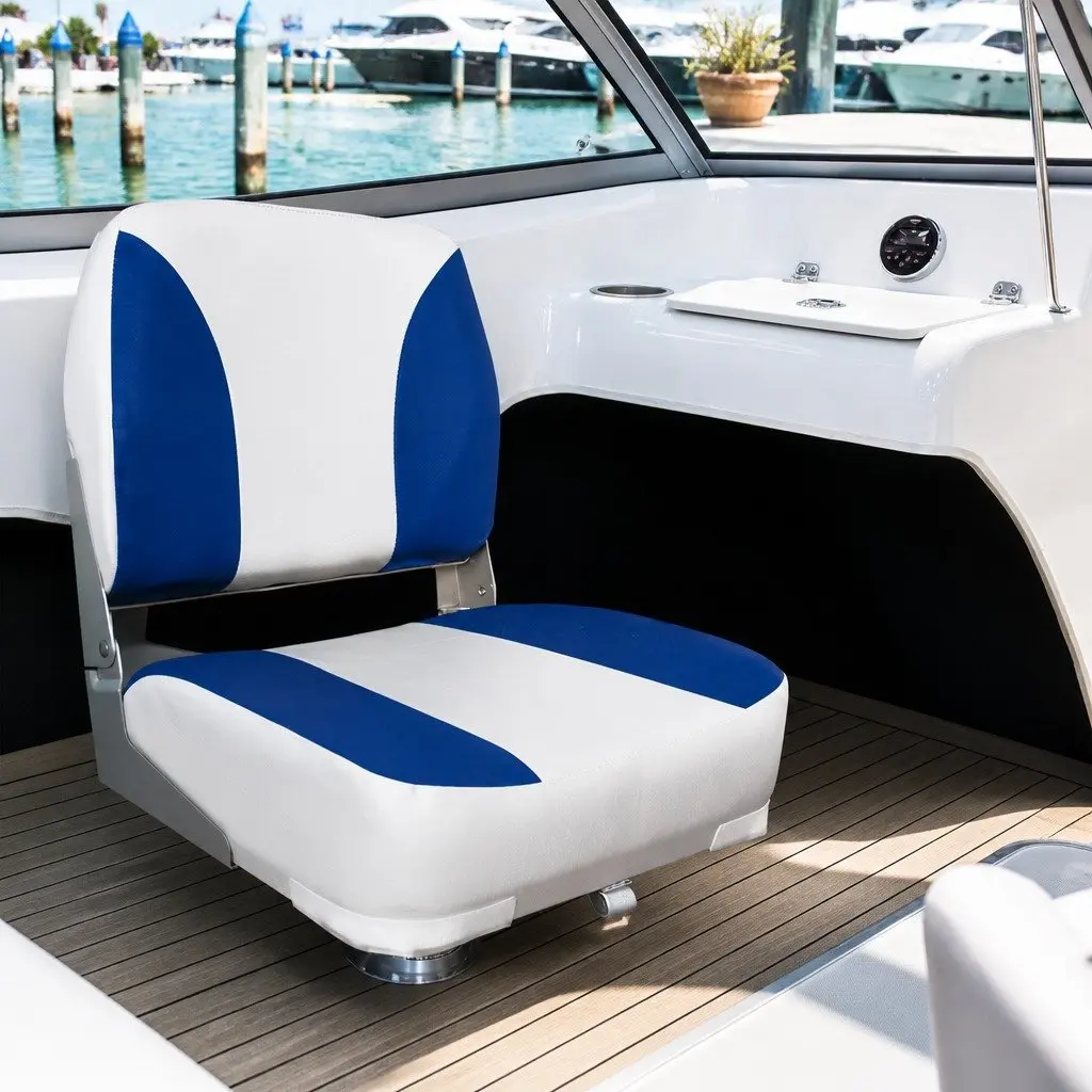 Folding Boat Seat Pair Marine Low Back Padded White Blue Water Resistant