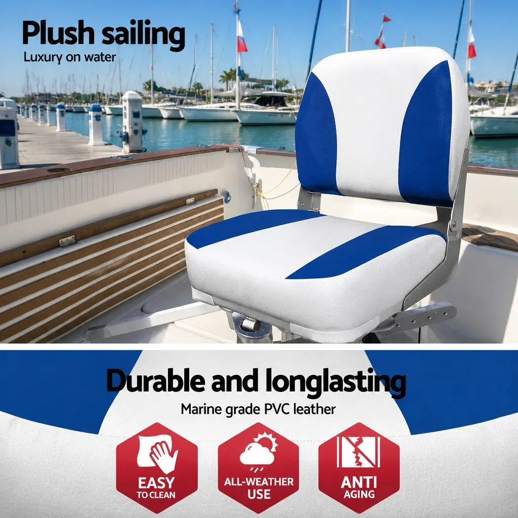 Folding Boat Seat Pair Marine Low Back Padded White Blue Water Resistant