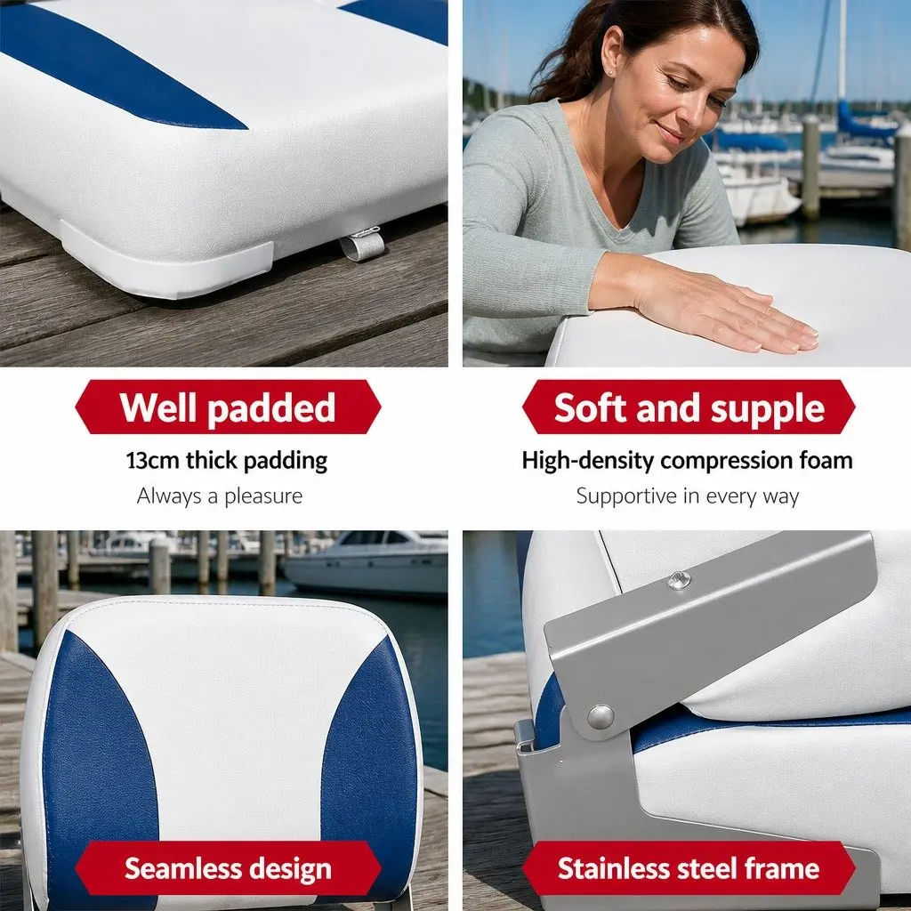 Folding Boat Seat Pair Marine Low Back Padded White Blue Water Resistant