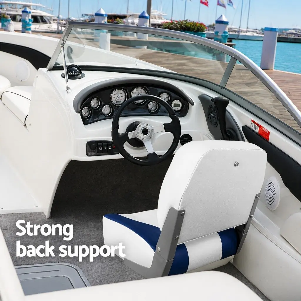 Folding Boat Seat Pair Marine Low Back Padded White Blue Water Resistant