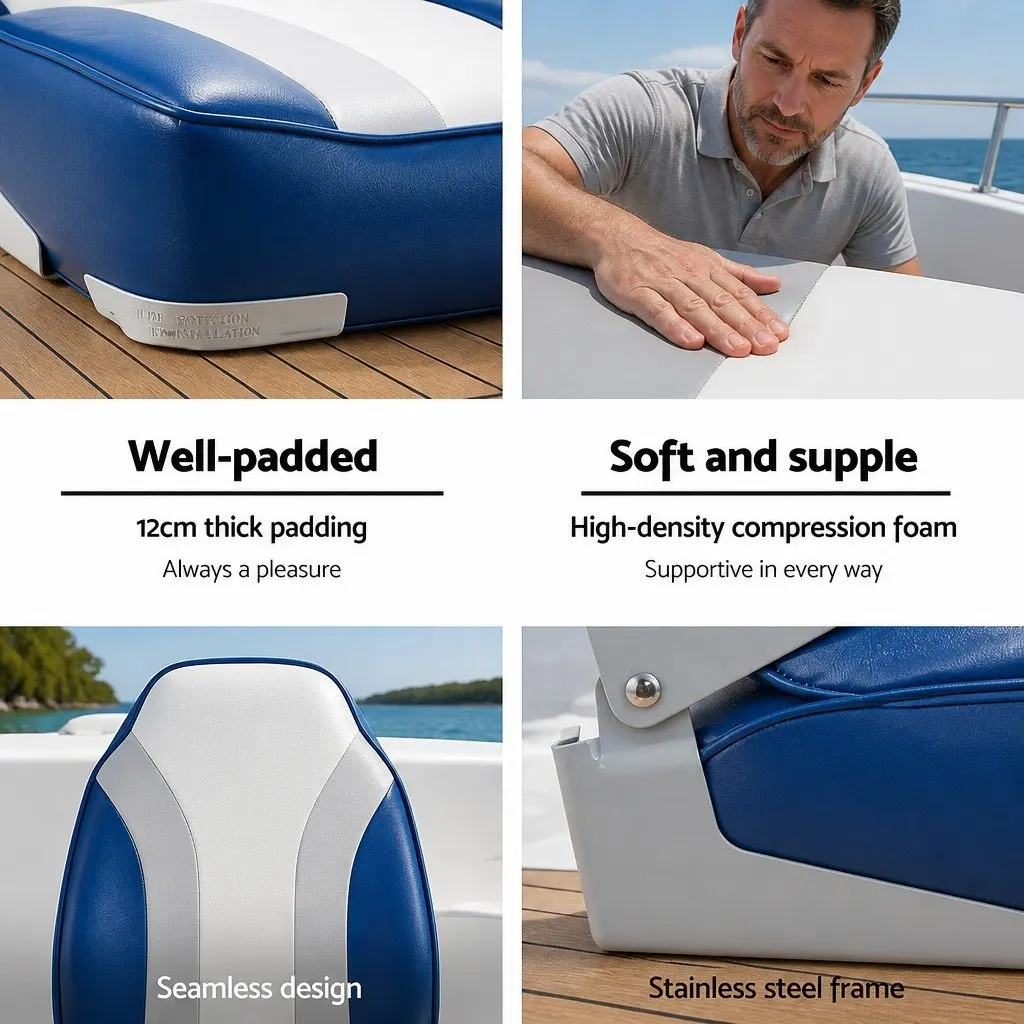 Folding Boat Seats for Outdoor Boating Use 2 Pack High Back 12cm Padding Grey Blue