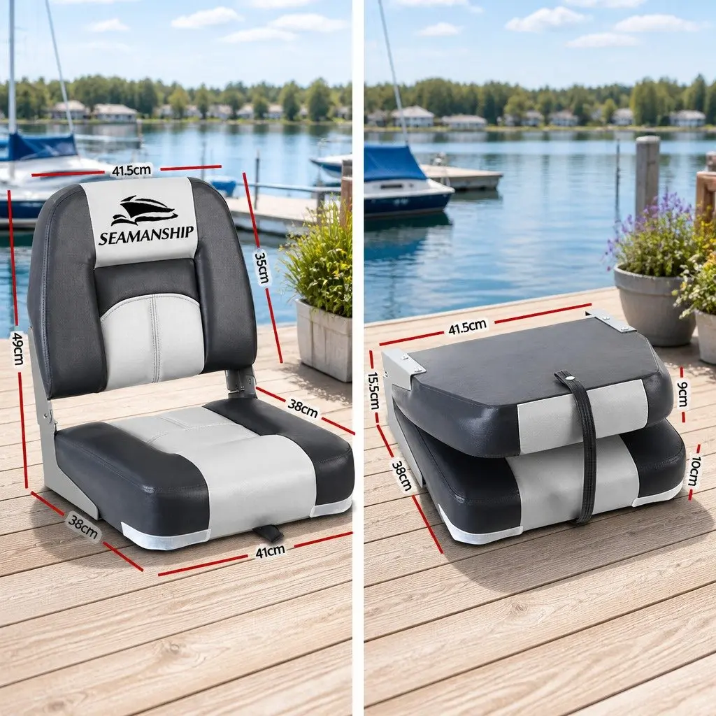 Folding Boat Seats Swivel Low Back Marine Seating Grey Pair Outdoor 41.5 x 38 x 49cm