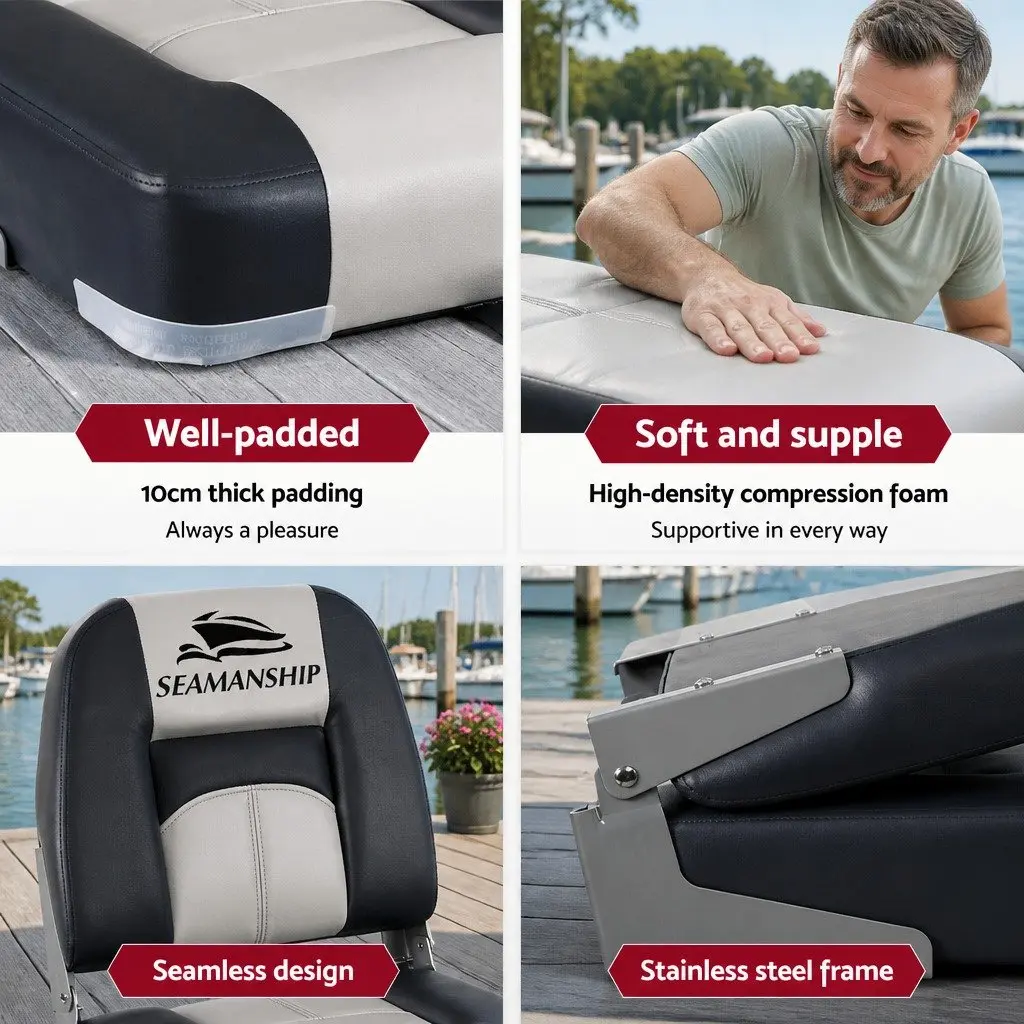 Folding Boat Seats Swivel Low Back Marine Seating Grey Pair Outdoor 41.5 x 38 x 49cm