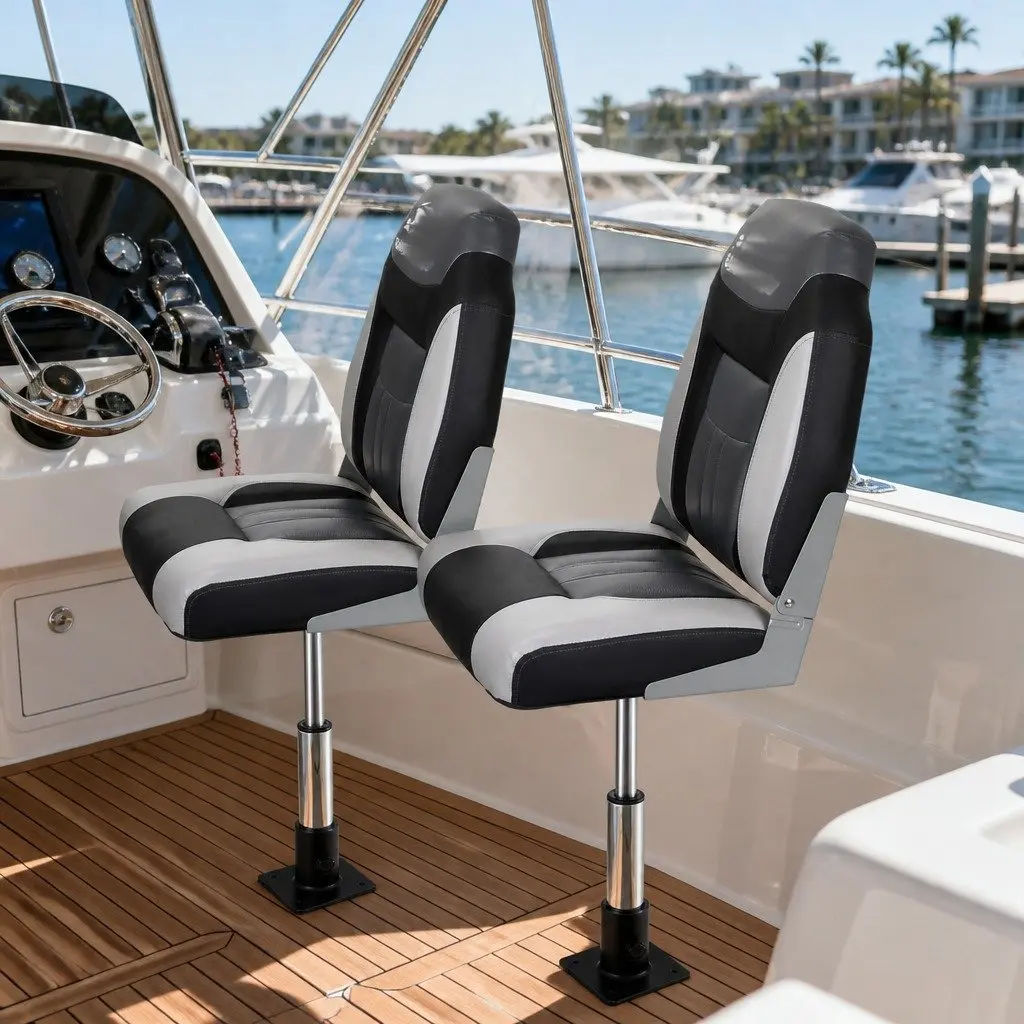 Folding Boat Seats 2X Pack with Adjustable Swivel Pedestals 34–46cm High Back