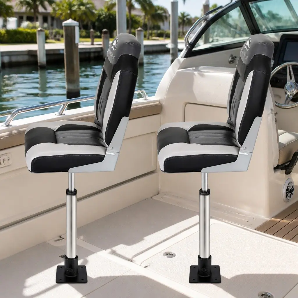 Folding Boat Seats for Marine Use with Adjustable Swivel Pedestals 55–75cm High Back