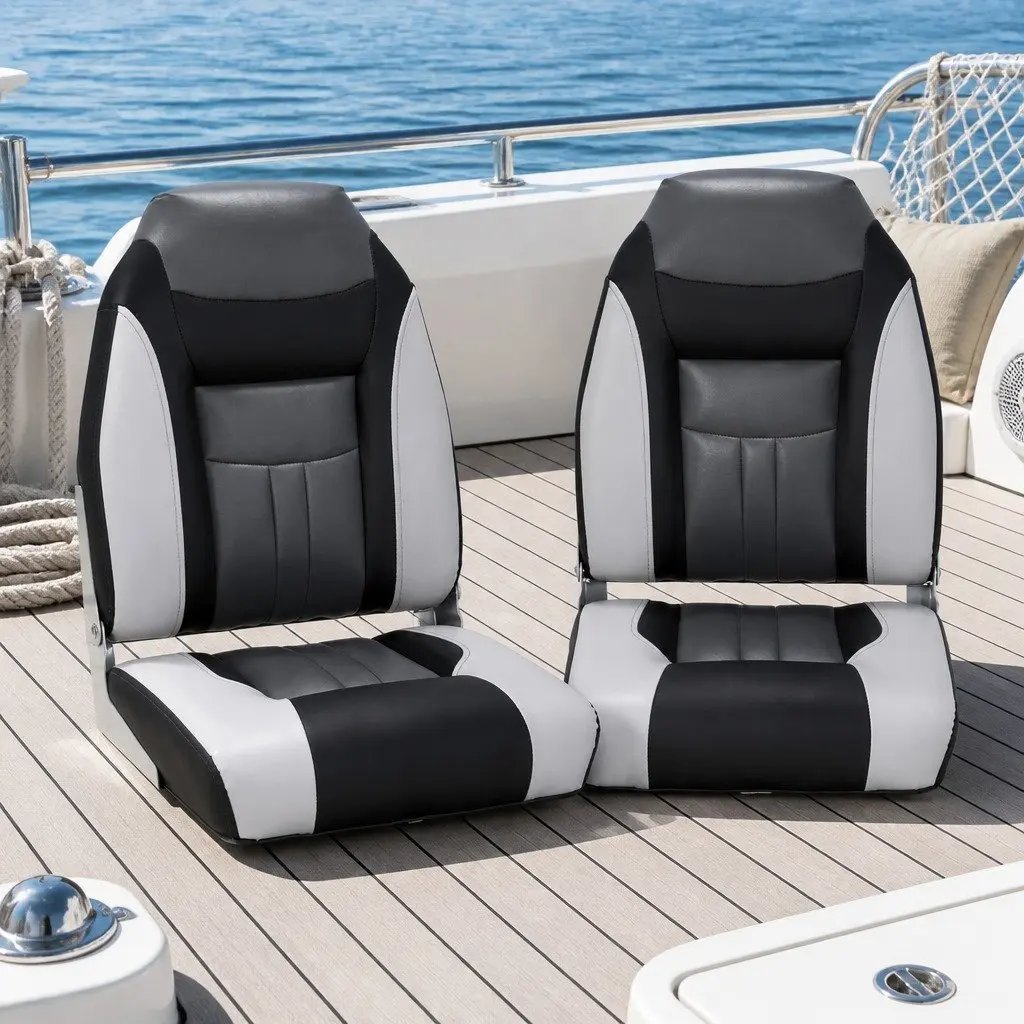 Folding Boat Seats Swivel Marine High Back Padding Grey Black Set of 2 Fishing