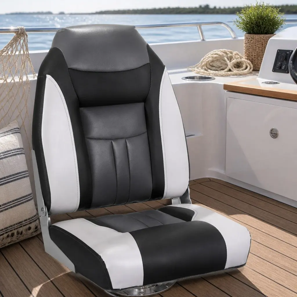 Folding Boat Seats Swivel Marine High Back Padding Grey Black Set of 2 Fishing