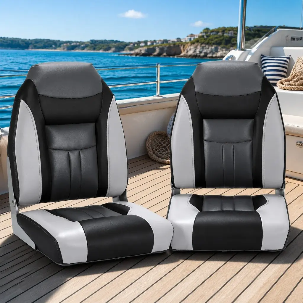 Folding Boat Seats Swivel Marine High Back Padding Grey Black Set of 2 Fishing