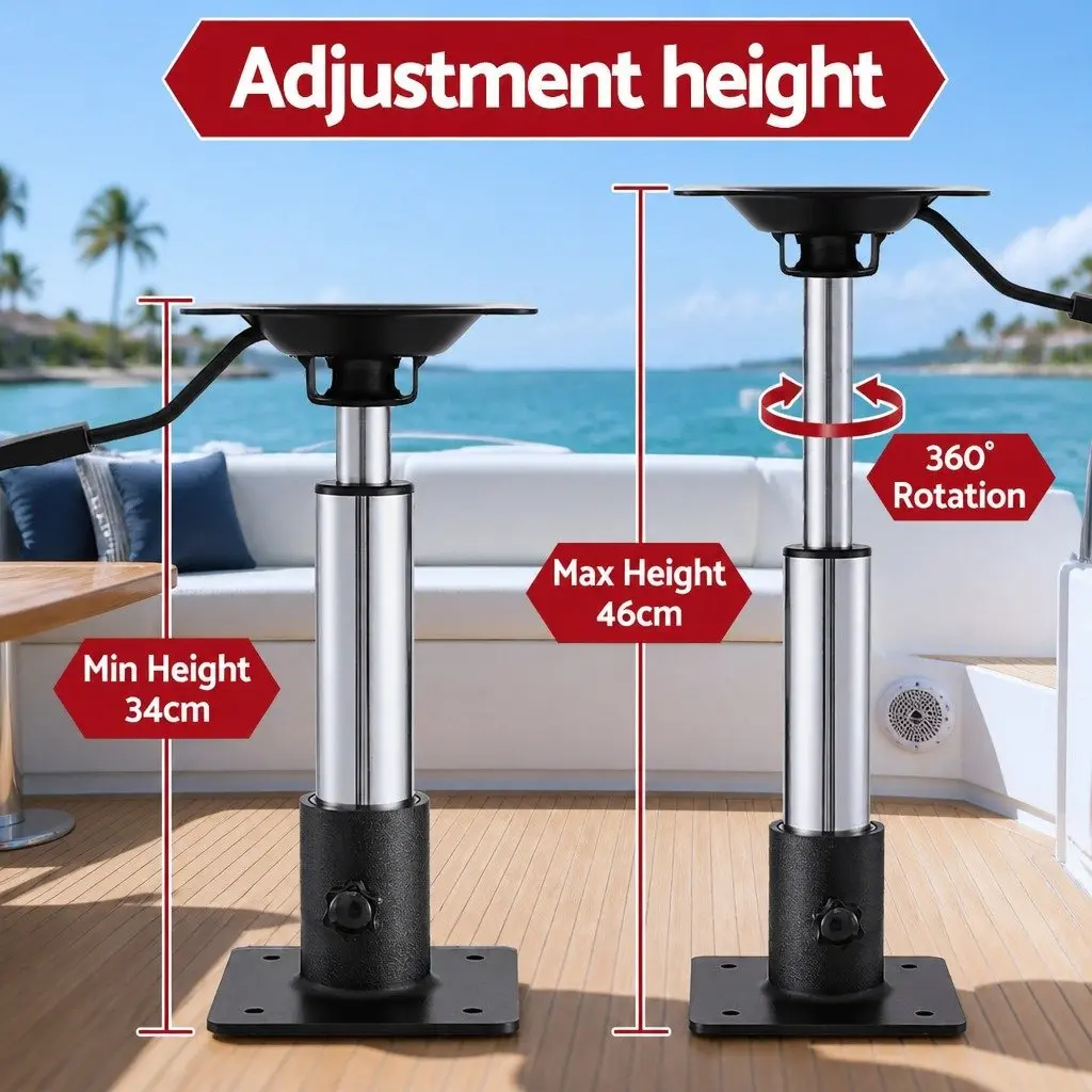 Boat Seat Pedestal for Marine Use Adjustable 34-46cm Height 360 Degree Swivel Black