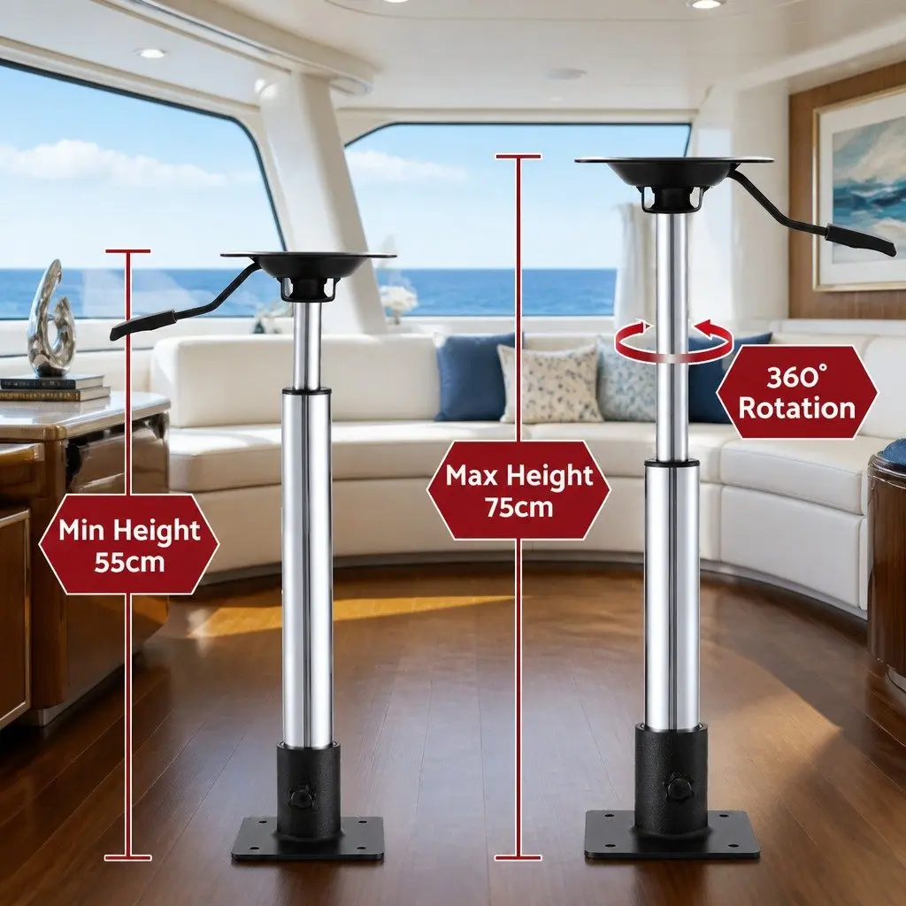 Boat Seat Pedestal 55-75cm Adjustable Gas Lift 360 Swivel Black Marine Boating