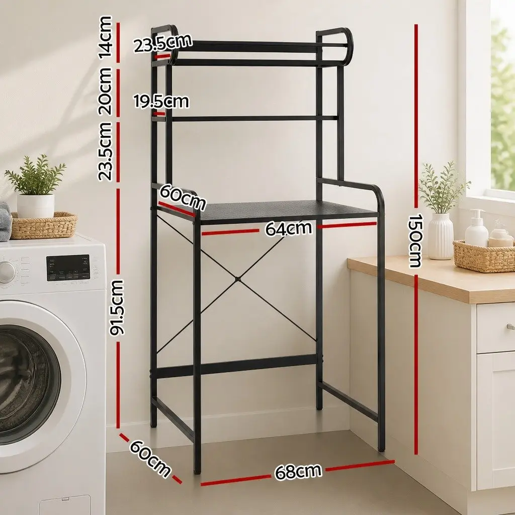 3 Tier Bathroom Storage Shelf Organizer Black Over Washing Machine with Towel Rail