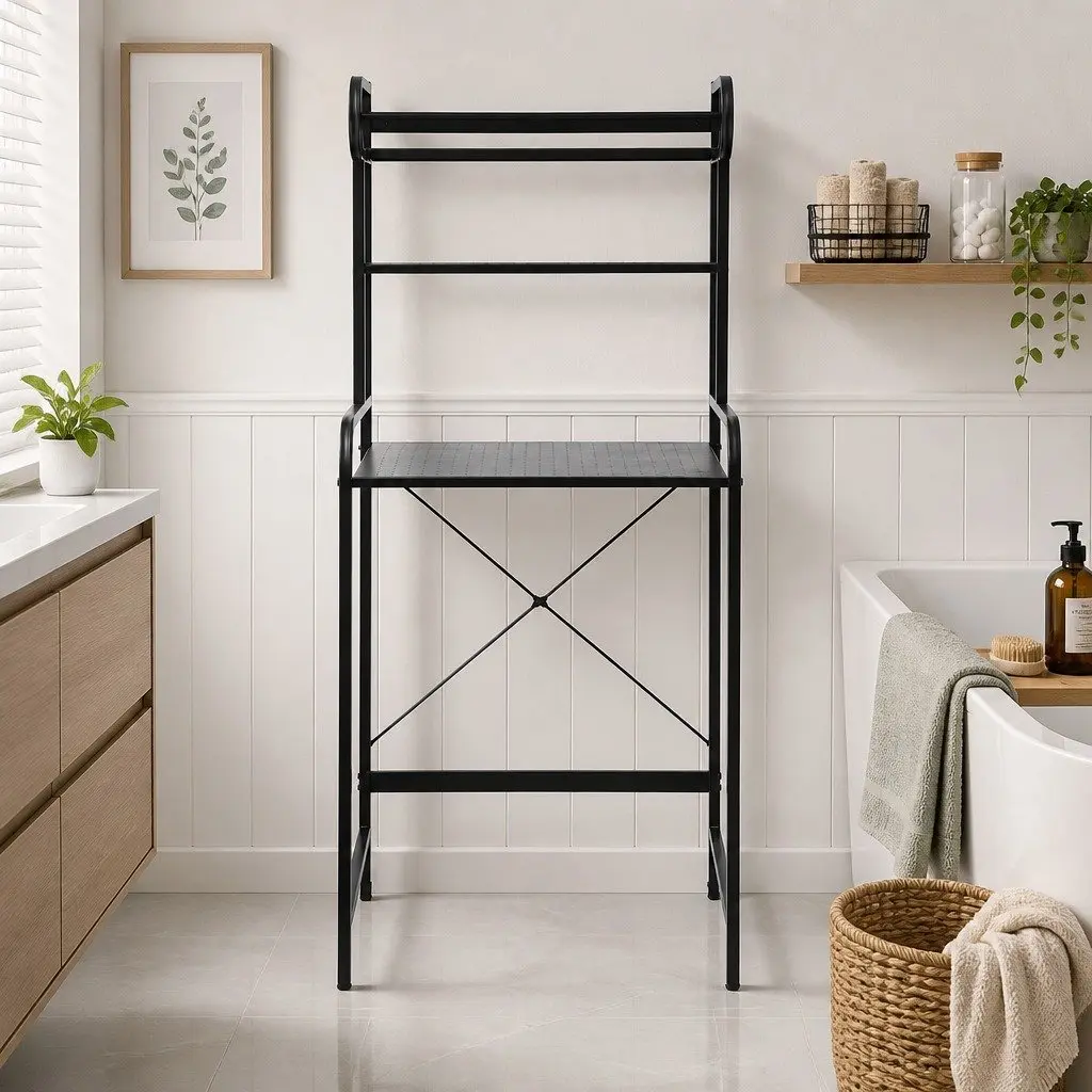 3 Tier Bathroom Storage Shelf Organizer Black Over Washing Machine with Towel Rail