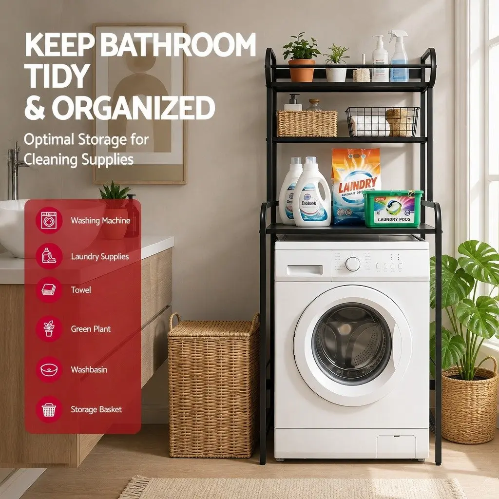 3 Tier Bathroom Storage Shelf Organizer Black Over Washing Machine with Towel Rail