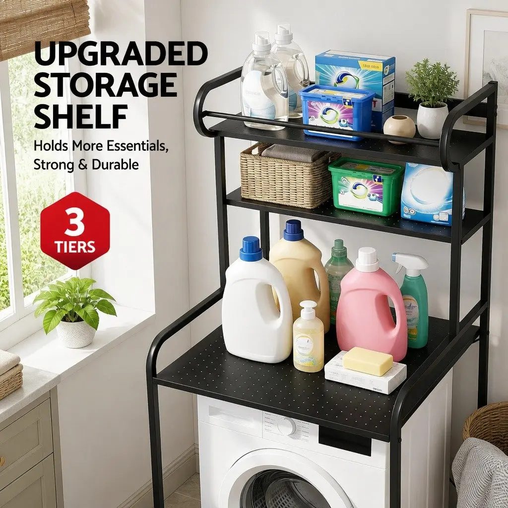 3 Tier Bathroom Storage Shelf Organizer Black Over Washing Machine with Towel Rail