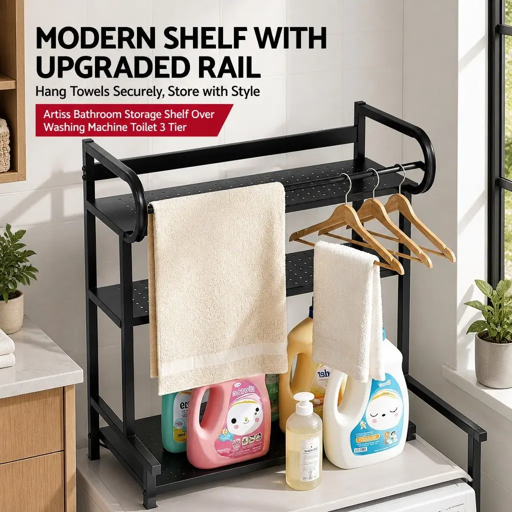 3 Tier Bathroom Storage Shelf Organizer Black Over Washing Machine with Towel Rail