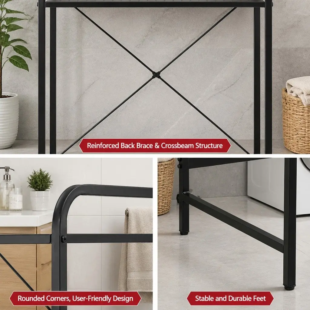 3 Tier Bathroom Storage Shelf Organizer Black Over Washing Machine with Towel Rail