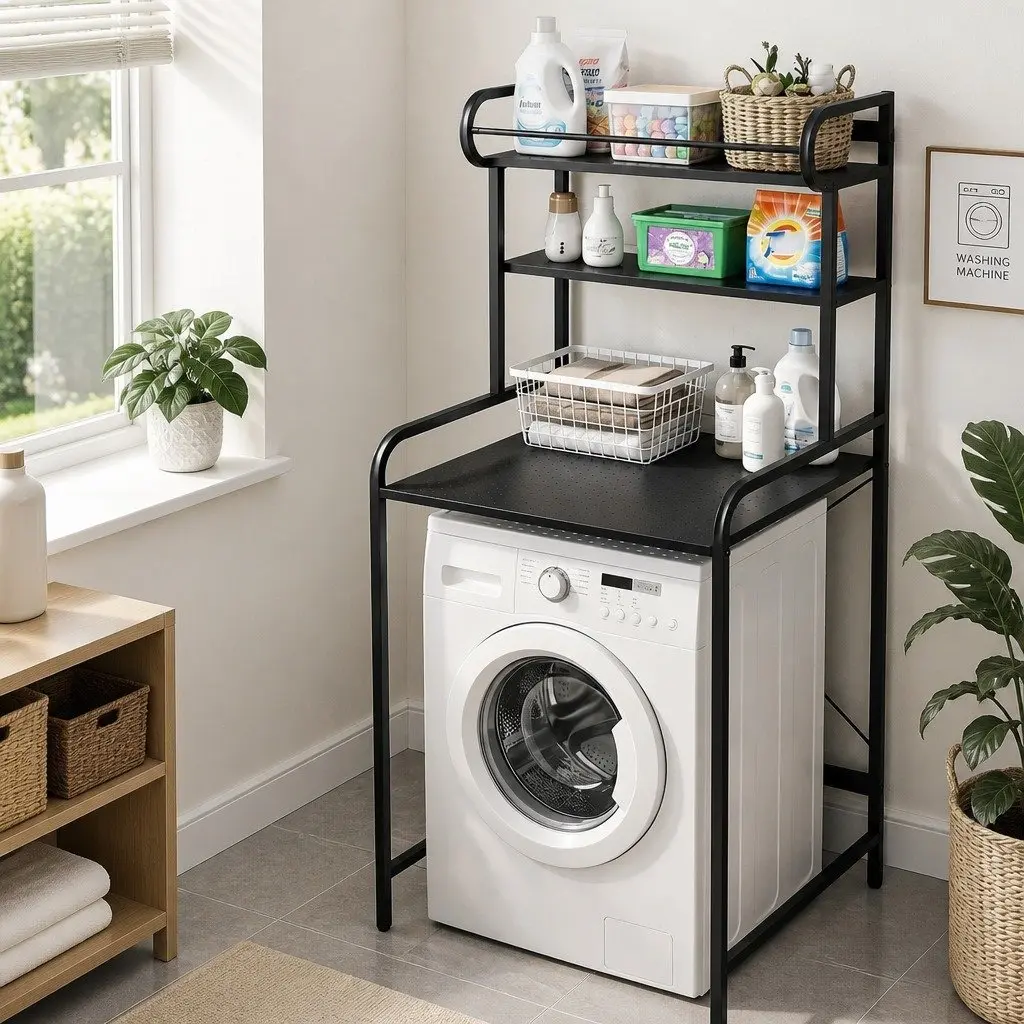 3 Tier Bathroom Storage Shelf Organizer Black Over Washing Machine with Towel Rail