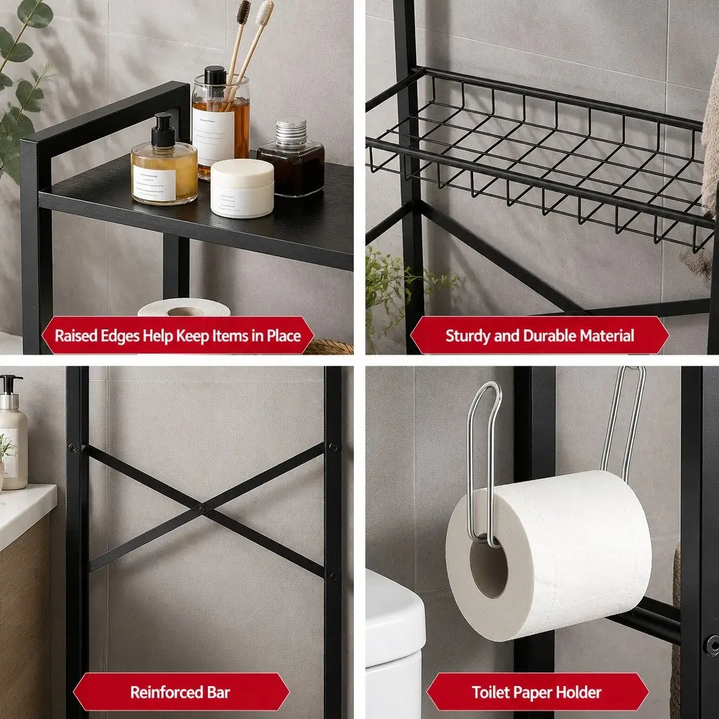 Over Toilet Bathroom Storage Rack 4 Tier Organiser Black