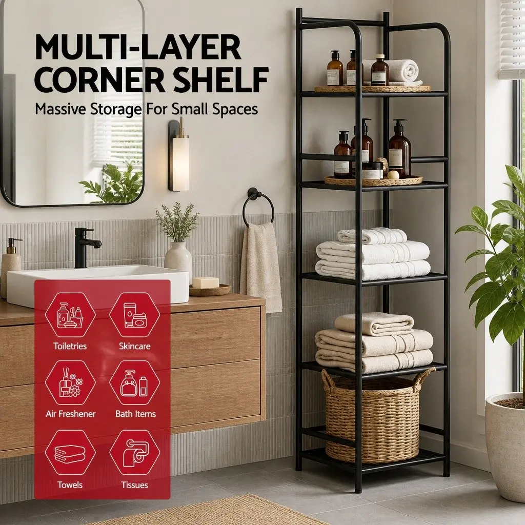 Floor Standing Corner Shower Caddy Bathroom Storage Organizer 5 Tier Black