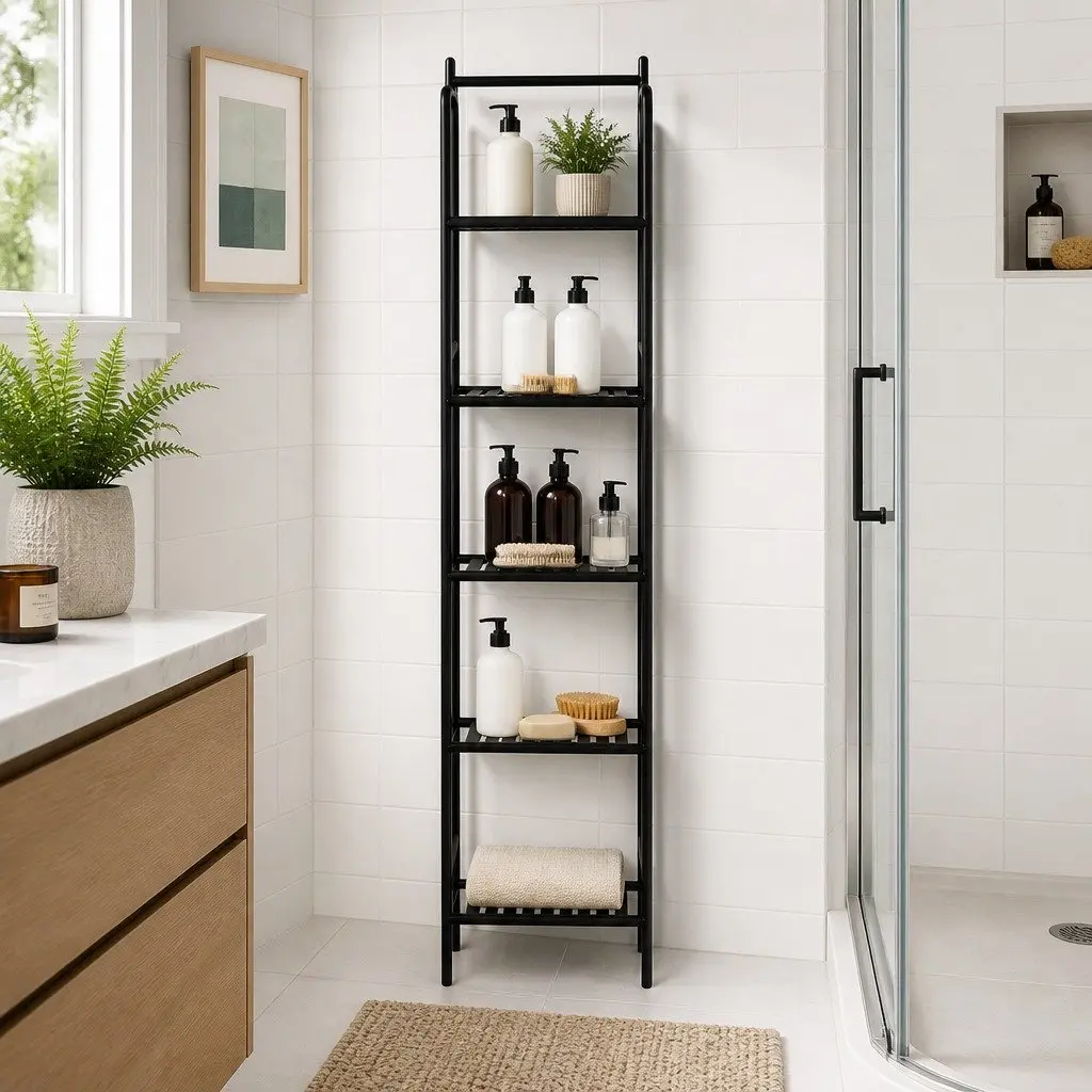 5 Tier Bathroom Storage Organizer Floor Standing Corner Shower Caddy Black