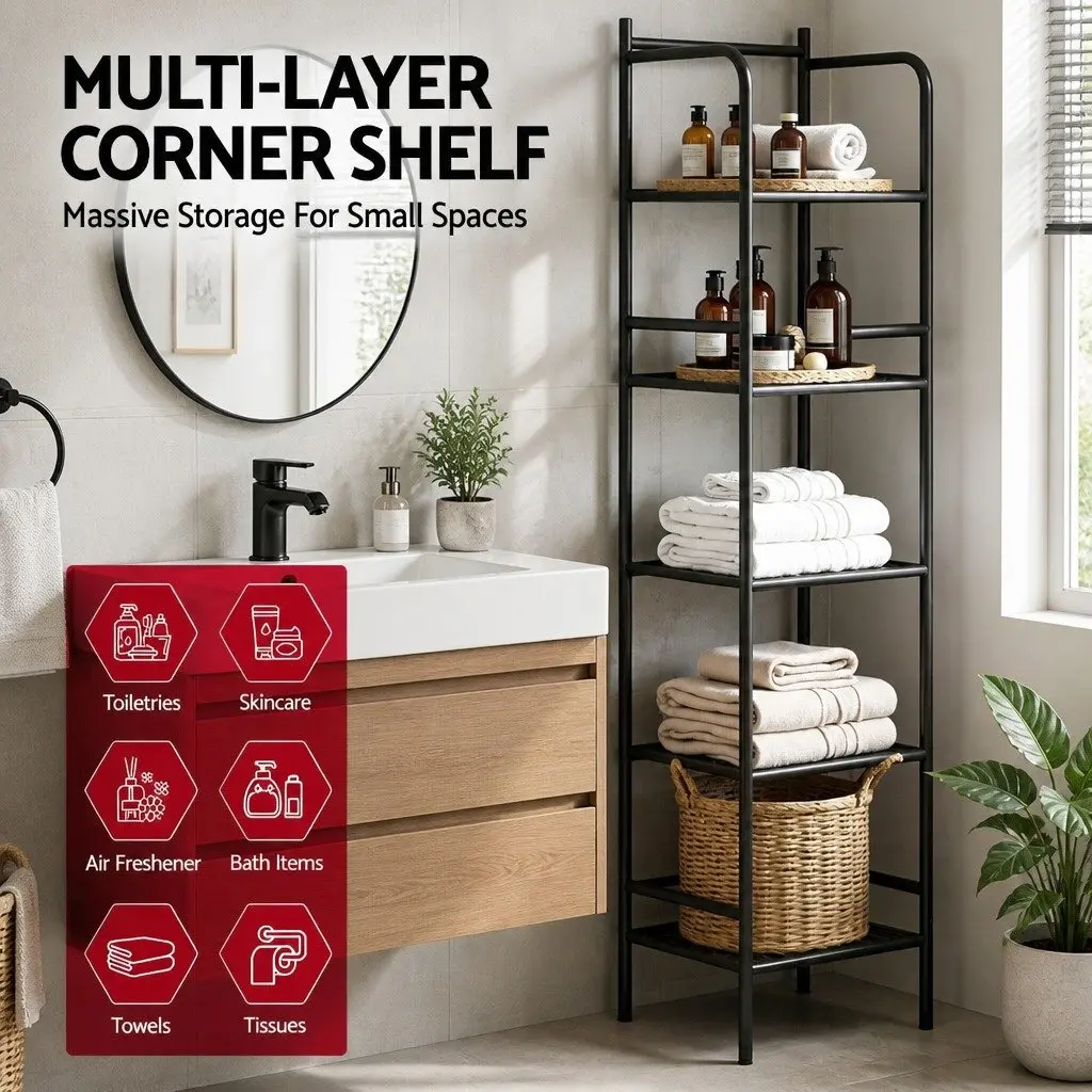 5 Tier Bathroom Storage Organizer Floor Standing Corner Shower Caddy Black