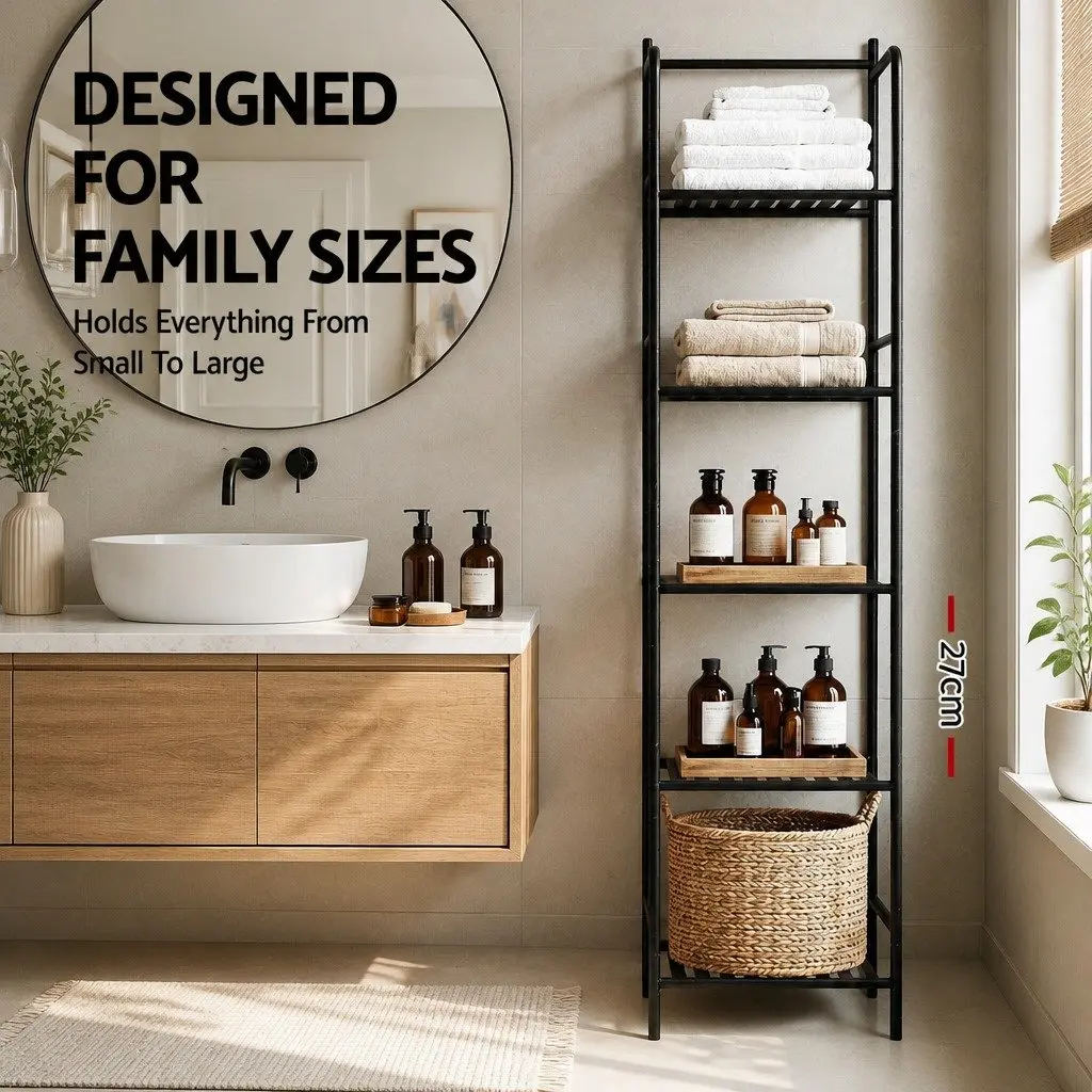 5 Tier Bathroom Storage Organizer Floor Standing Corner Shower Caddy Black