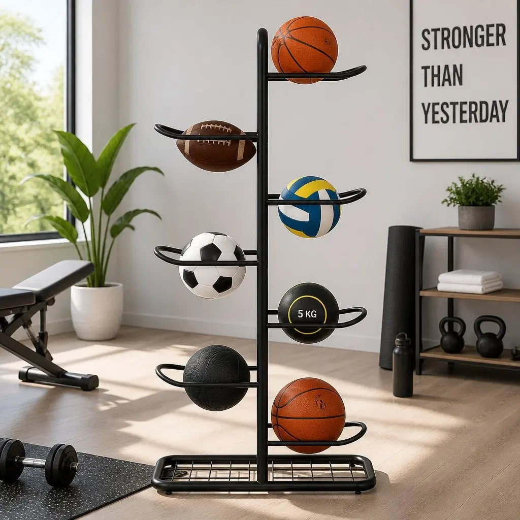 Ball Storage Rack 7-Tier Sports Equipment Organizer for Garage Gym Black