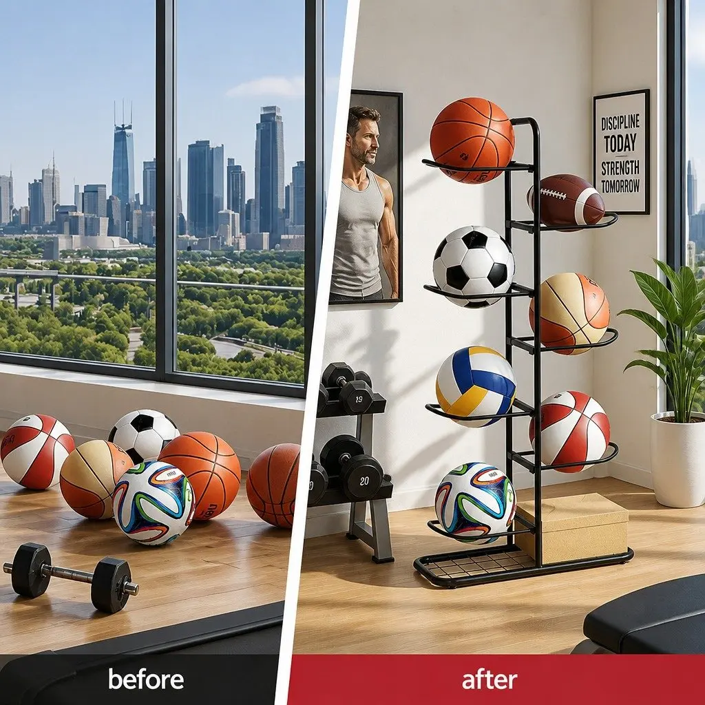 Ball Storage Rack 7-Tier Sports Equipment Organizer for Garage Gym Black
