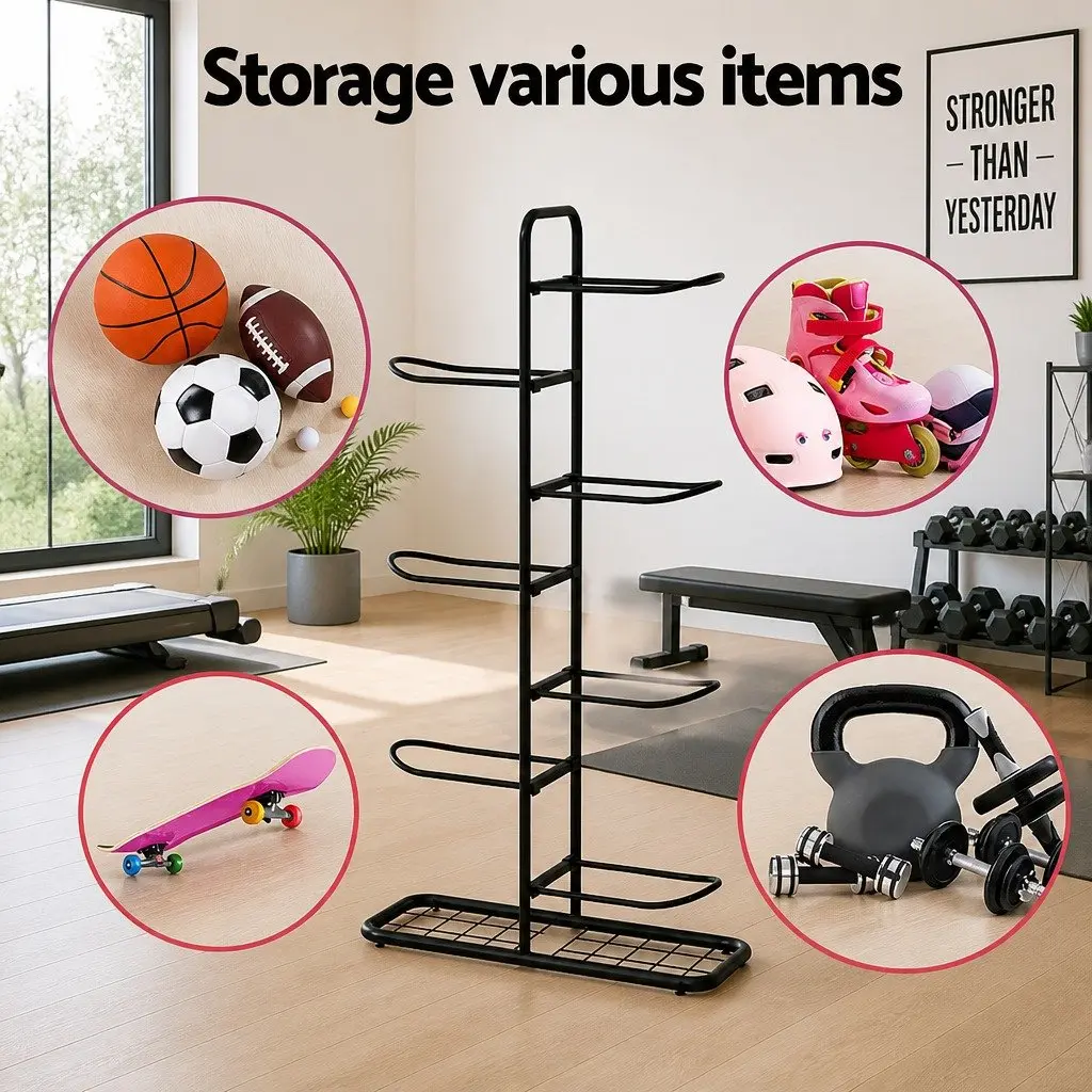 Ball Storage Rack 7-Tier Sports Equipment Organizer for Garage Gym Black