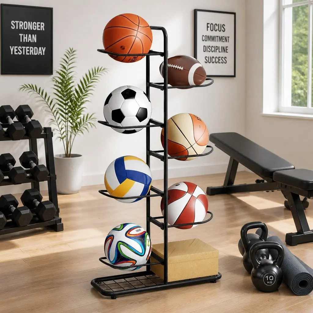 Ball Storage Rack 7-Tier Sports Equipment Organizer for Garage Gym Black