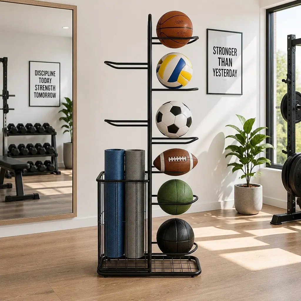 Ball Storage Rack 7-Tier Sports Equipment Organizer for Garage Gym Black