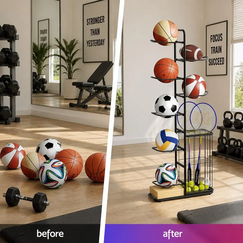 Ball Storage Rack 7-Tier Sports Equipment Organizer for Garage Gym Black