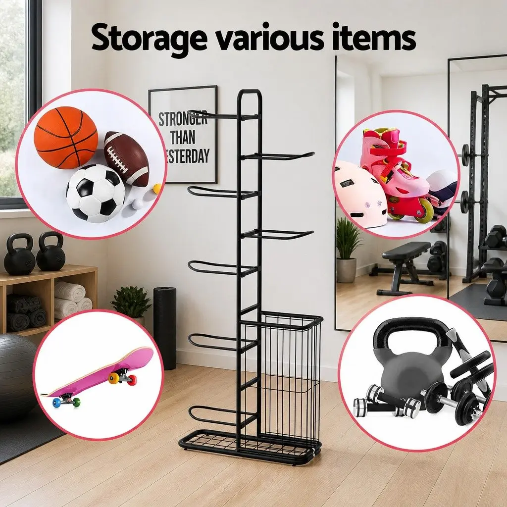 Ball Storage Rack 7-Tier Sports Equipment Organizer for Garage Gym Black