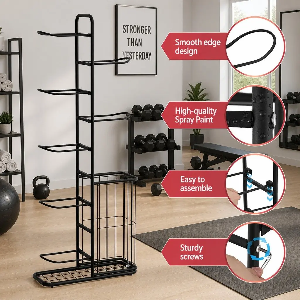 Ball Storage Rack 7-Tier Sports Equipment Organizer for Garage Gym Black