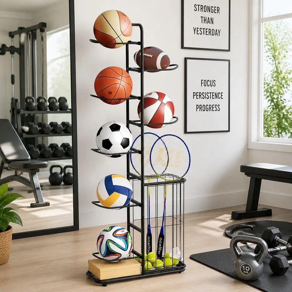 Ball Storage Rack 7-Tier Sports Equipment Organizer for Garage Gym Black