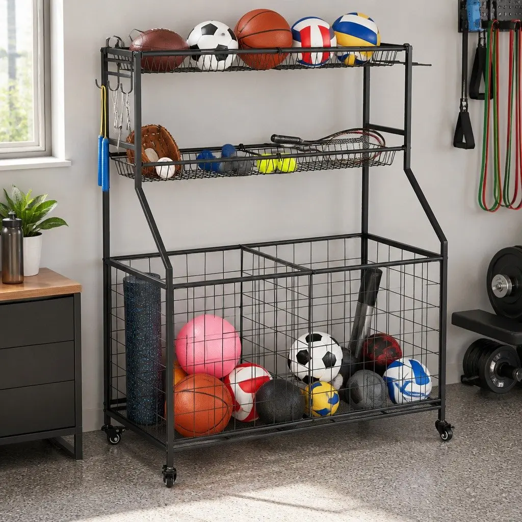 Sports Equipment Organizer Storage Cabinet with Wheels Garage Gym Multi-Sport