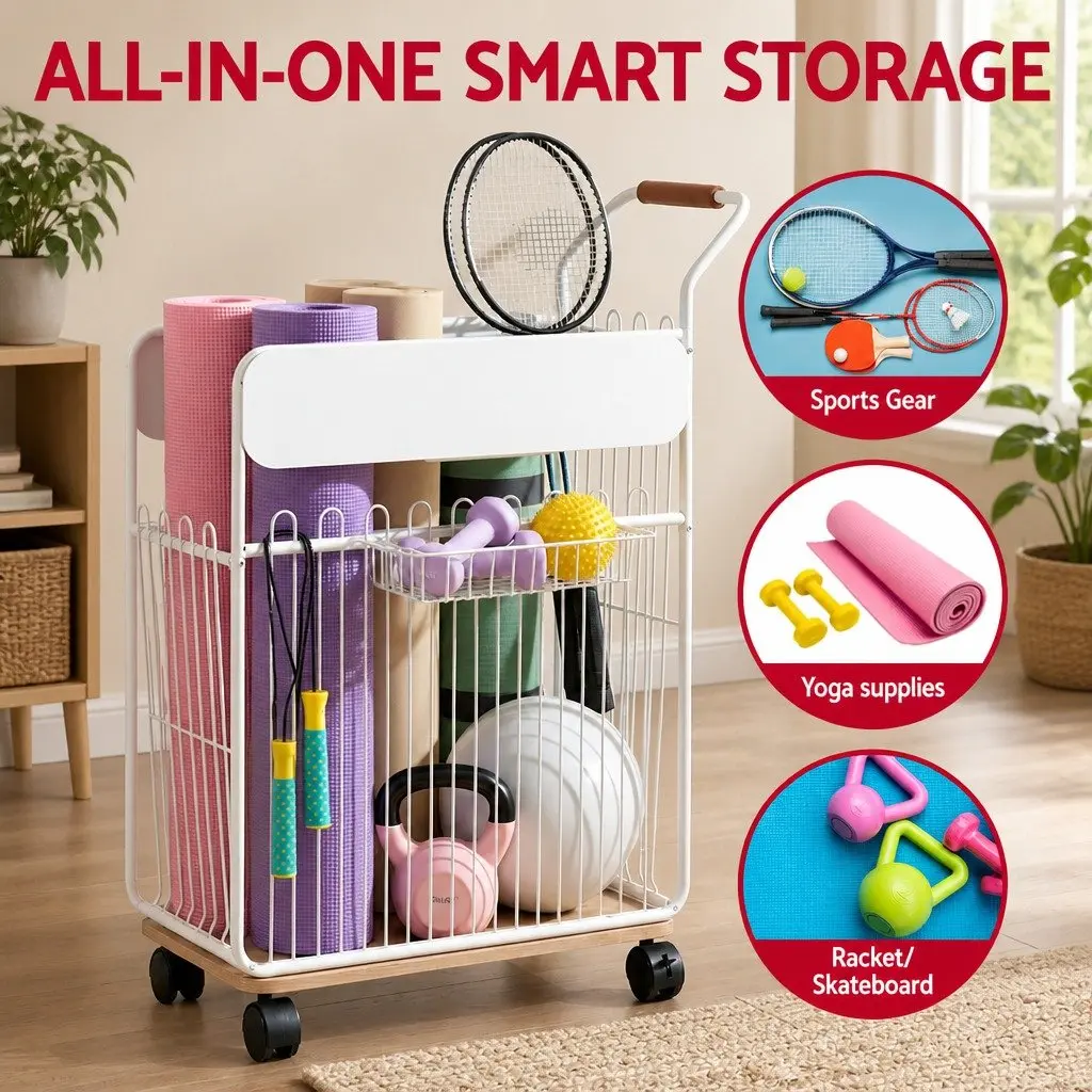 Yoga Mat Storage Rack Organizer for Home Gym with Wheels and Removable Hooks Black