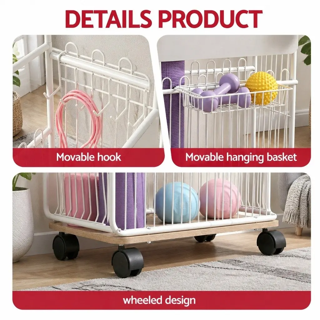 Yoga Mat Storage Rack Organizer for Home Gym with Wheels and Removable Hooks Black