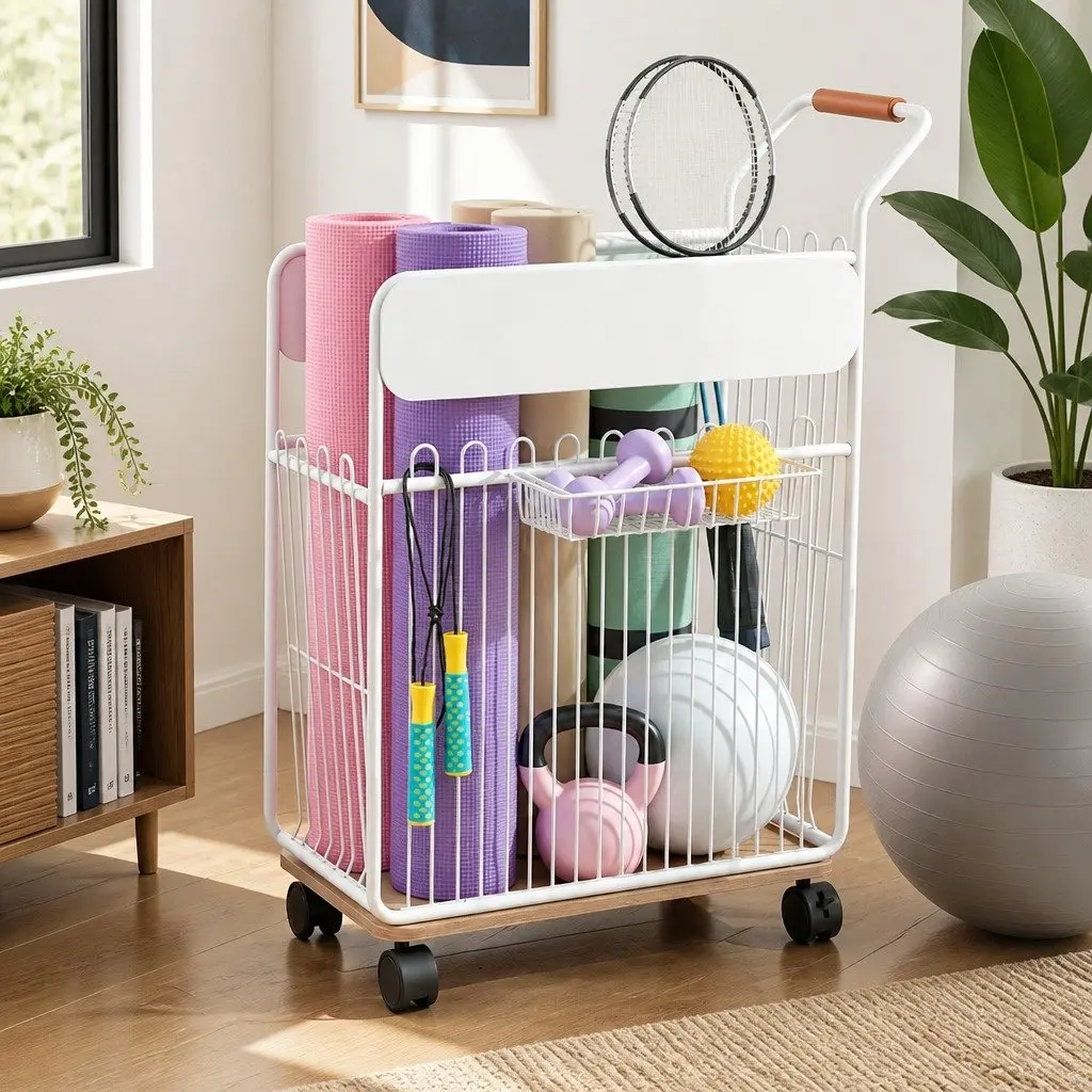 Yoga Mat Storage Rack Organizer for Home Gym with Wheels and Removable Hooks Black