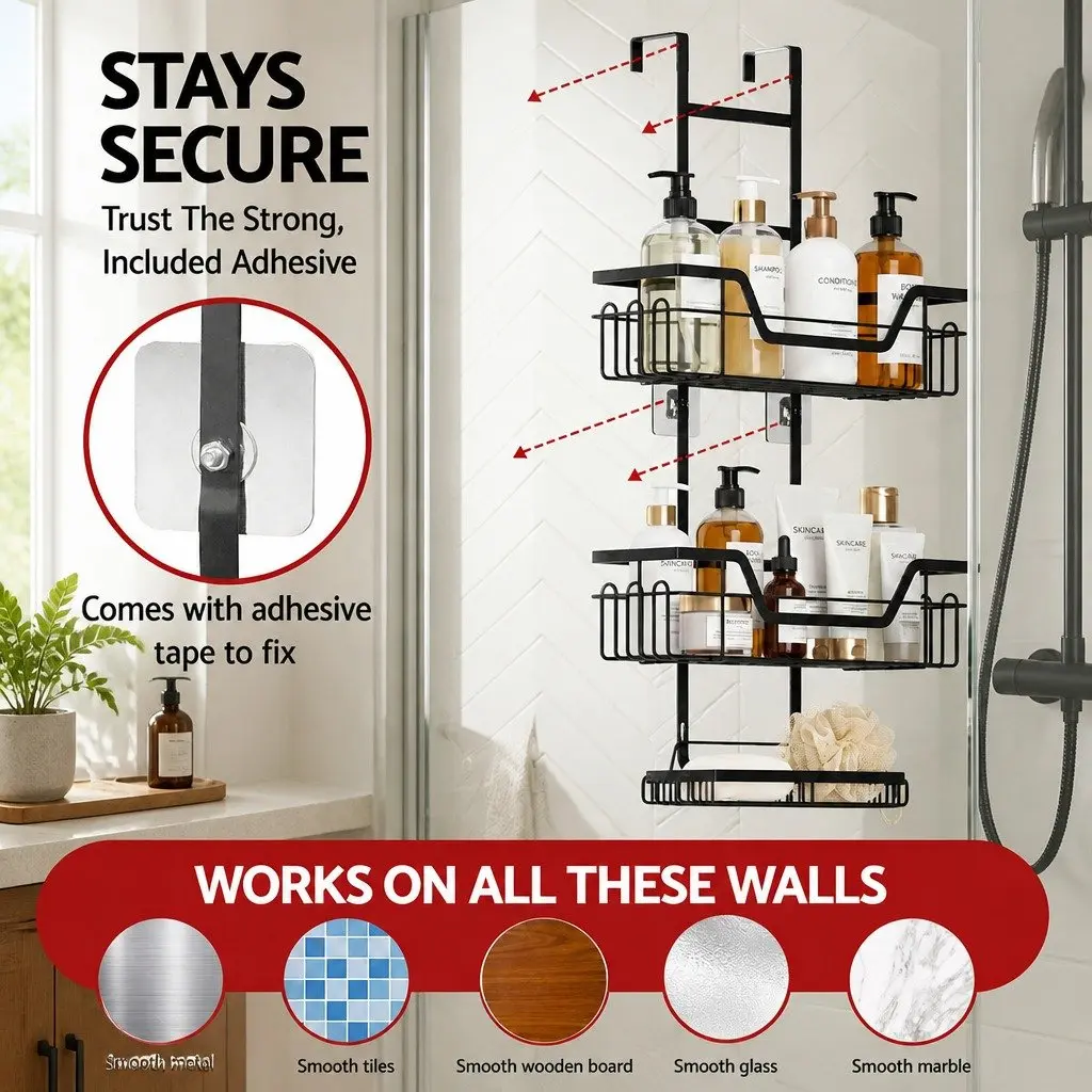 3 Tier Bathroom Storage Organizer Over The Door Shower Caddy Black