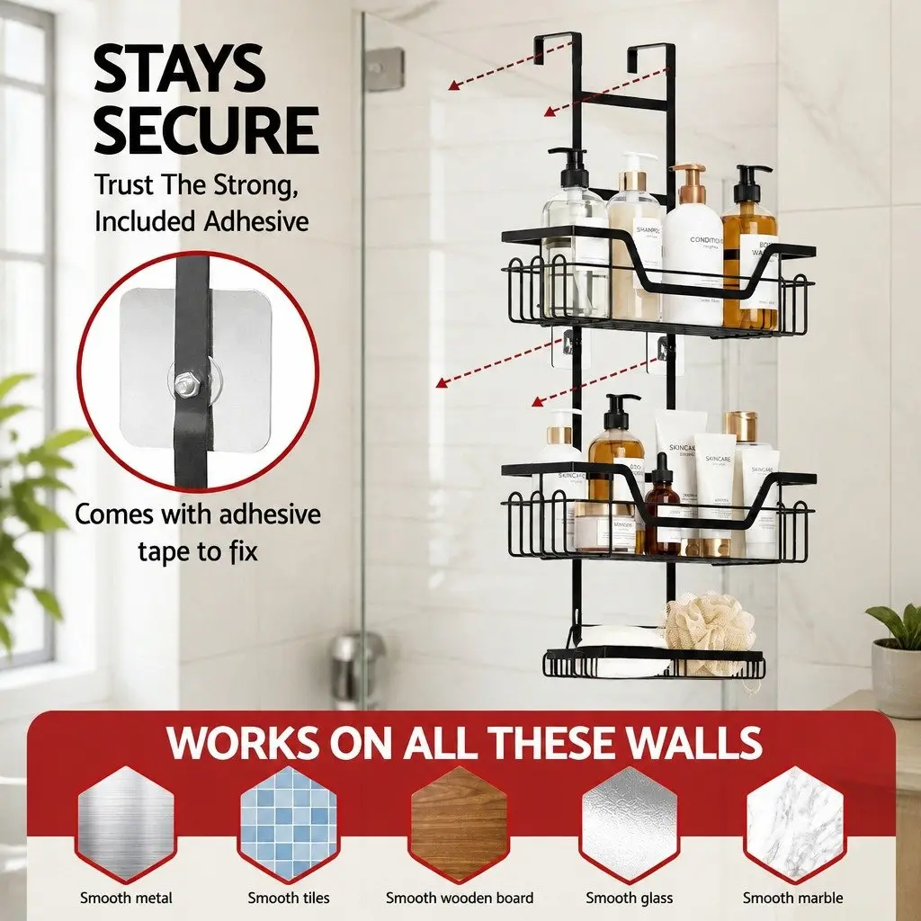 3 Tier Bathroom Wall Shower Caddy Storage Organizer Black
