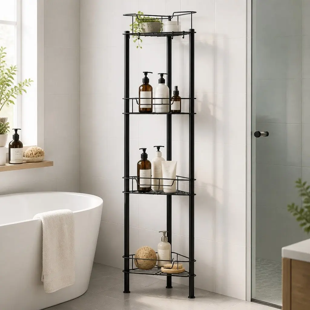 4 Tier Shower Caddy Floor Standing Bathroom Storage Organizer Black