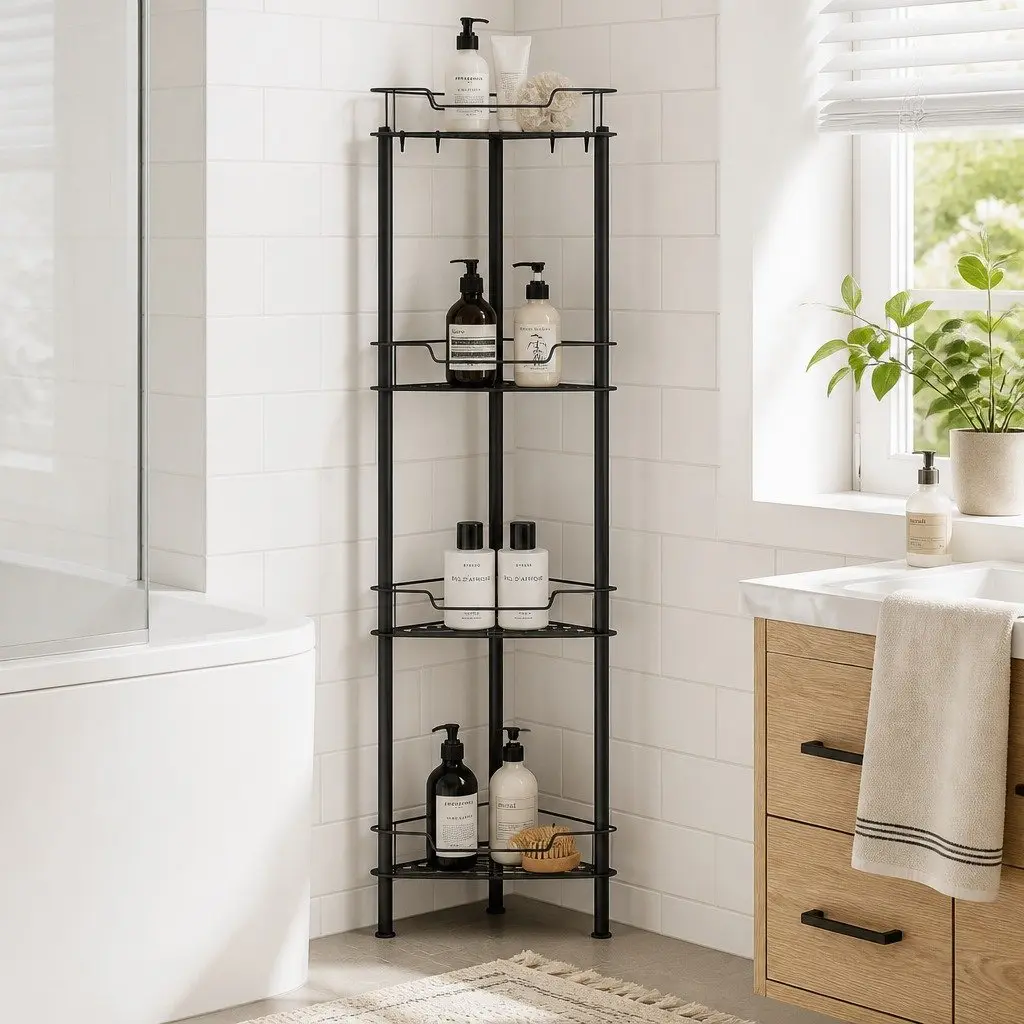 4 Tier Shower Caddy Floor Standing Bathroom Storage Organizer Black