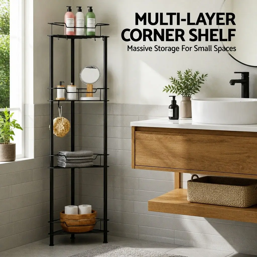 4 Tier Shower Caddy Floor Standing Bathroom Storage Organizer Black
