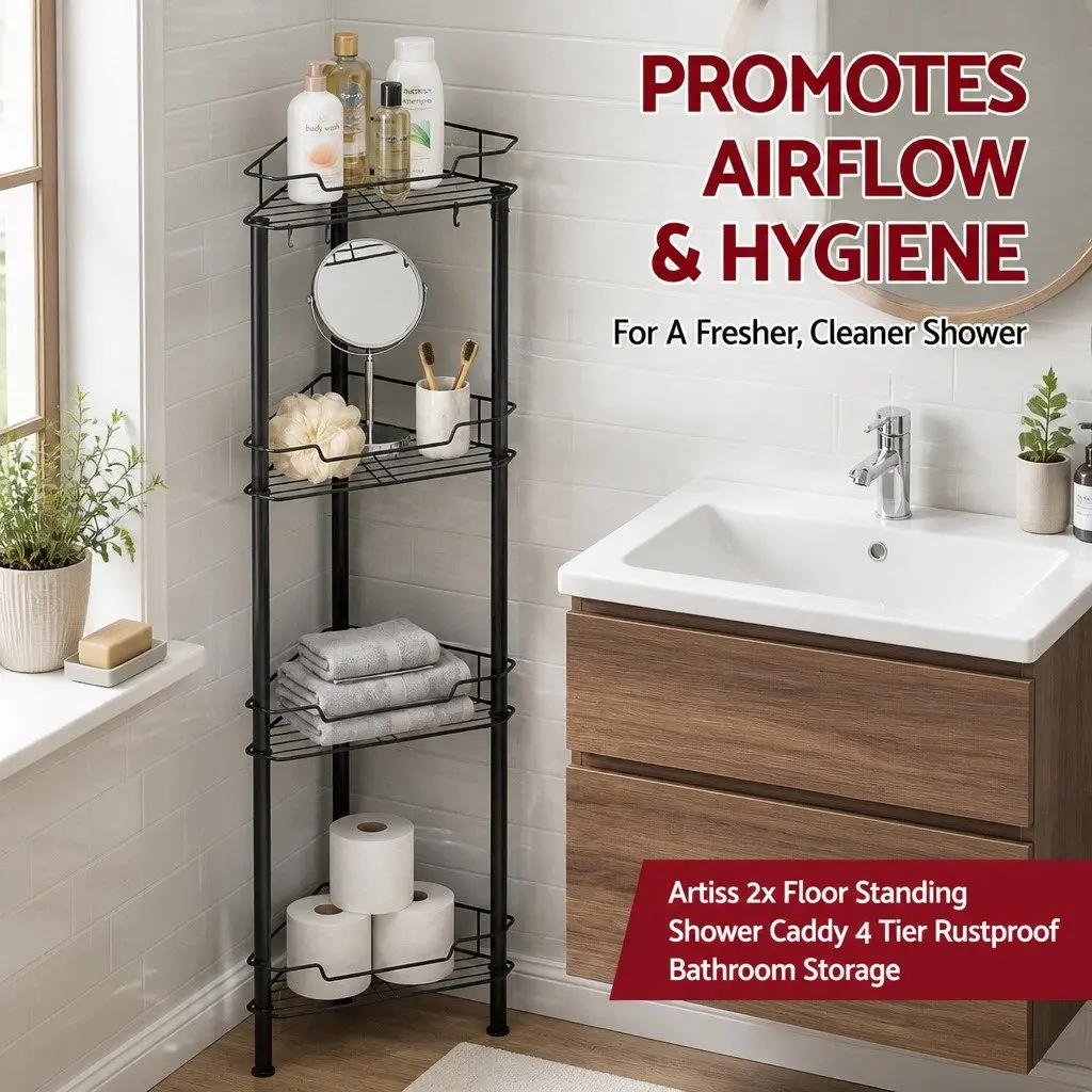 4 Tier Shower Caddy Floor Standing Bathroom Storage Organizer Black