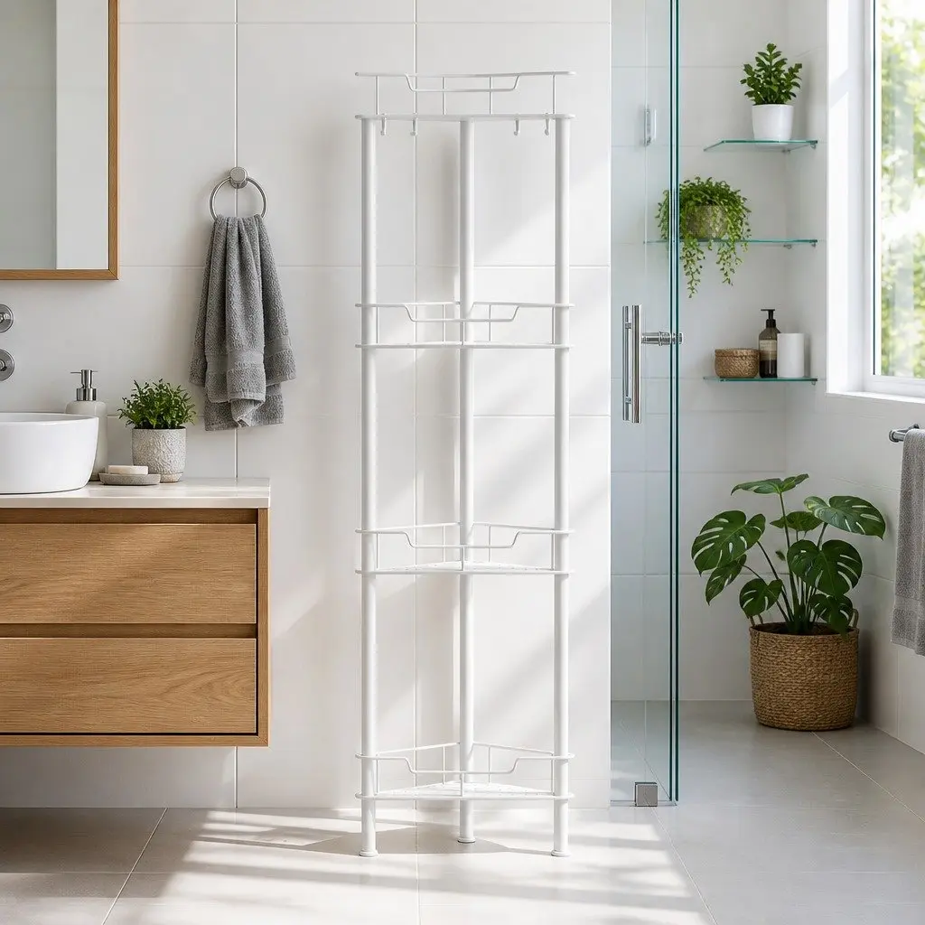 4 Tier Bathroom Storage Organizer for Shower Corner White