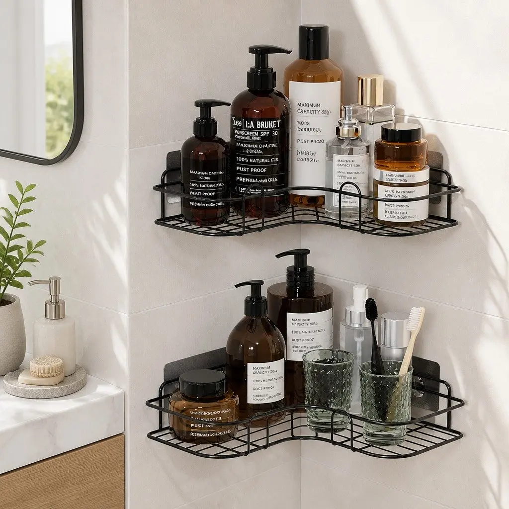 Corner Storage Rack Bathroom Shelf L-Shaped Wall Mount Organiser Black 2 Pack