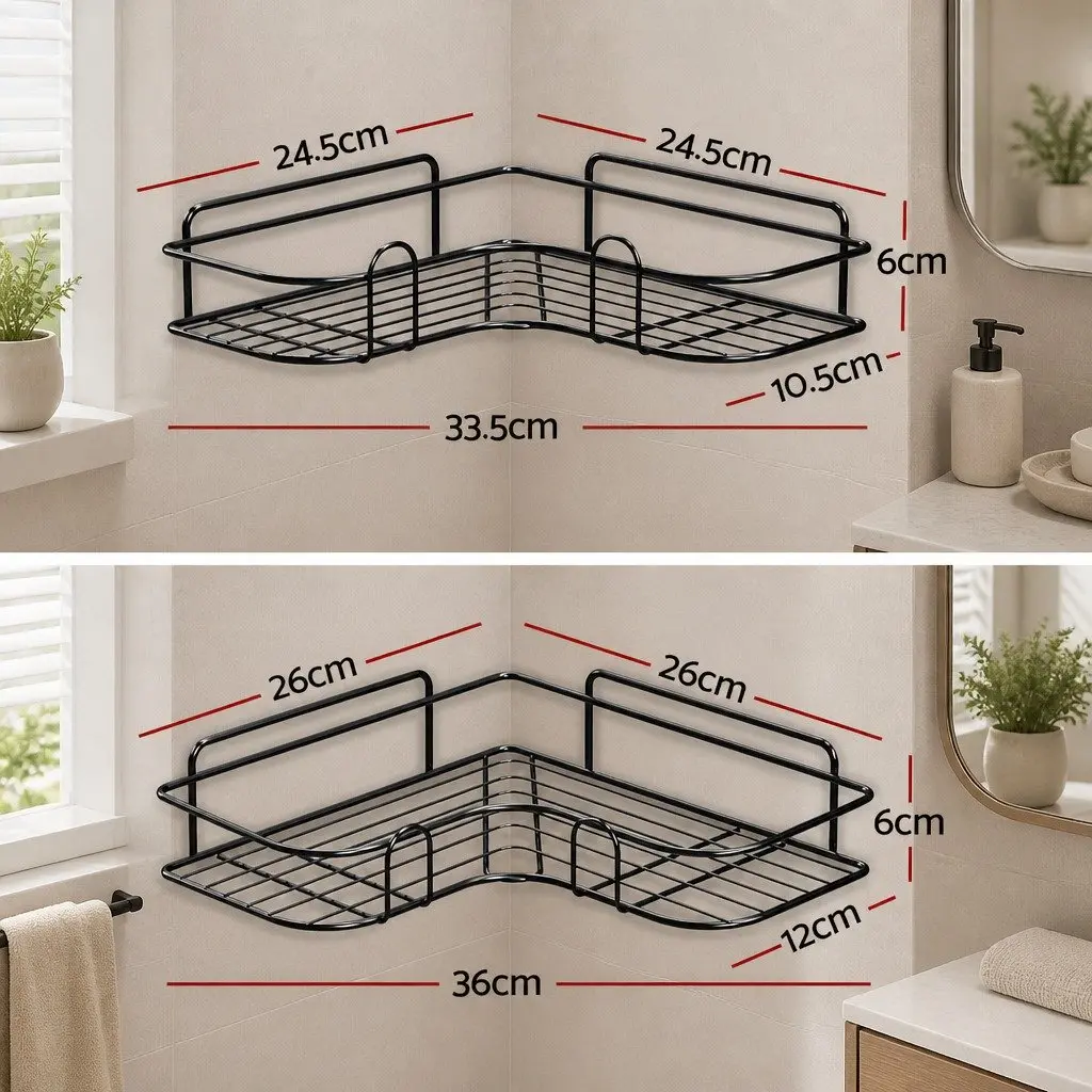 Corner Storage Rack Bathroom Shelf L-Shaped Wall Mount Organiser Black 2 Pack