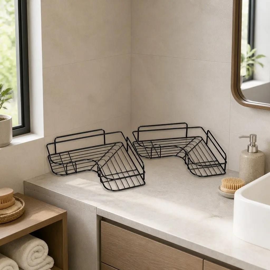Corner Storage Rack Bathroom Shelf L-Shaped Wall Mount Organiser Black 2 Pack