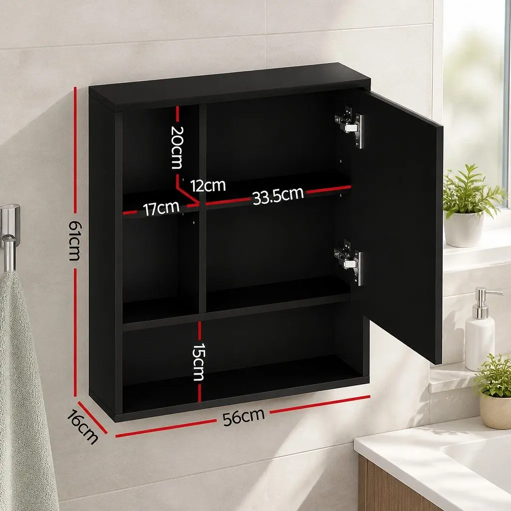 Black Wall Mounted Bathroom Mirror Cabinet 56cm Adjustable Shelves Storage